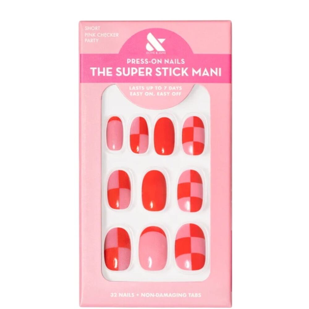 Olive and June Press-on Nails-Pink Checker Party-Round-Short-No Glue Needed-New!